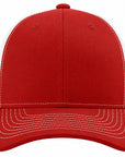 Red cap with white stitching on a white background
