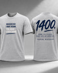 Front and back views of a light heather gray t-shirt. The front features the text 'WHEREVER I MAY ROAM, THE ROAD LEADS HOME.