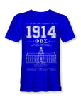 Blue t-shirt with white text and graphics on a white background