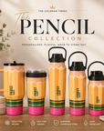 Laser-engraved pencil-shaped tumbler, orange with zigzag graphic and black lid
