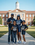 Navy crewneck T-shirts with “THEE PREMIERE” front graphic worn by kids