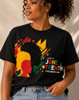Black Juneteenth graphic T-shirt with profile silhouette and “June 19” “Freedom Day”