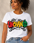 White Juneteenth graphic T-shirt reading “UNCHAINED” with “since 1865”