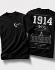Front and back view of Phi Beta Sigma 1914 t-shirt featuring distressed collegiate artwork and Howard University illustration