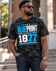 Black male model wearing Jackson State Thee Blueprint Black Camo T-Shirt