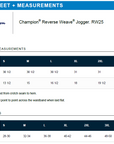Champion Reverse Weave Jogger size chart with measurements.