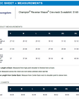 Champion Reverse Weave Crewneck Sweatshirt size chart with measurements.