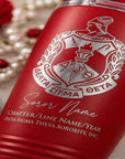 Red tumbler with Delta Sigma Theta sorority logo and text