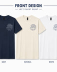 Three t-shirts in navy, natural, and white with a left chest print on a white background.
