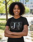 Black crew-neck rhinestone block-letter T-shirt with JSU design on chest