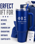 Blue travel mug with Phi Beta Sigma logo in front of a gift box, with text indicating uses for the gift.