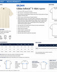 Gildan Softstyle T-shirt specification sheet with product photo, care instructions, size chart, and sketches.