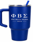 Royal Blu Phi Beta Sigma Tumbler with handle bearing the greek letters Phi Beta Sigma with the words Phi Beta Sigma under it followed by 1914