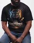Black short-sleeve T-shirt with glowing tiger graphic and bold logo text