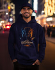Navy pullover hoodie with glowing tiger graphic and centered logo text
