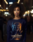 Navy long-sleeve shirt with glowing tiger graphic and centered logo text