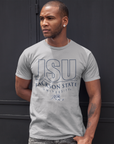 Athletic heather grey unisex crew neck T-shirt with JSU Tiger front logo