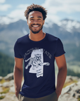 Navy short-sleeve T-shirt with front tiger logo graphic, worn by smiling man.