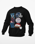 Black unisex sweatshirt with festive football graphic and circular team logo on chest