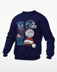 Navy unisex sweatshirt with festive football graphic and circular team logo on chest