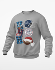 Athletic heather gray unisex sweatshirt with festive football graphic and circular team logo