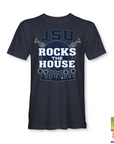 Youth dark navy T-shirt with JSU "ROCKS THE HOUSE" front graphic
