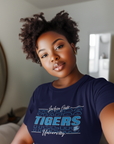 Navy blue short-sleeve T-shirt with blue Tigers front logo on model