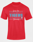 Red short-sleeve T-shirt with blue Tigers front graphic