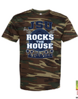 Camo unisex crewneck T-shirt with JSU Rocks the House front graphic
