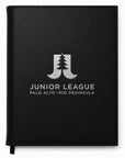 Black notebook with 'Junior League Palo Alto Mid Peninsula' logo on a white background