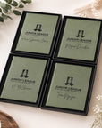 Four green name cards with 'Junior League' logo and names on a white surface with decorative elements.