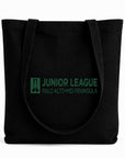 Black tote bag with 'Junior League Palo Alto Mid Peninsula' text on a white background