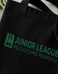 Black tote bag with green 'Junior League Palo Alto Mid Peninsula' text and logo.