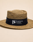 A woven straw fedora-style hat with a navy blue band featuring the white text 'JSU JACKSON STATE UNIVERSITY'.