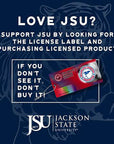 Promotional graphic for Jackson State University with a product and text encouraging licensed purchases.