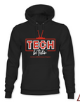 Black hoodie with red TECH logo and be techin’ text.