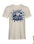 White crewneck t-shirt with blue tiger logo and Jackson State Tigers graphic