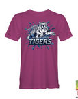 Magenta crewneck t-shirt with blue tiger logo and Jackson State Tigers graphic