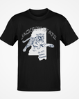 Black short-sleeve T-shirt with white tiger logo graphic on chest.
