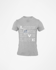 Gray v-neck short-sleeve T-shirt with stacked LOVE graphic and tiger detail