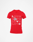 Red v-neck short-sleeve T-shirt with stacked LOVE graphic and tiger detail