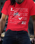 Red v-neck short-sleeve T-shirt on model, stacked LOVE graphic with tiger detail