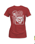 Red ladies crewneck T-shirt with white 1871 tiger and wave graphic