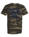 Dark green camo unisex crewneck T-shirt with blue tiger head logo on chest