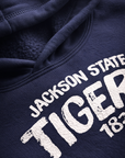Navy hoodie with 'Jackson State Tigers 183' printed in white on a dark background