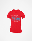 Red v-neck short-sleeve t-shirt with Tigers front graphic