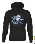 Black pullover hoodie with blue Tigers tiger mascot graphic