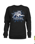 Black crewneck sweatshirt with blue Tigers tiger mascot graphic