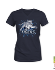 V-neck t-shirt in navy with Tiger mascot graphic and “TIGERS” logo on chest