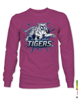 Magenta/pink long sleeve T-shirt with blue tiger “TIGERS” logo graphic